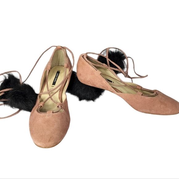 Zara Basic Collection Suede Pom Pom Fur Tie Lace Up Heels Blush 35 5 - Picture 4 of 7